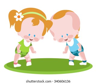 Two charming little twins on a green lawn