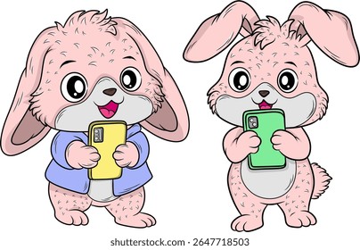 Two charming pink cartoon bunnies with expressive eyes: one wearing a light blue jacket and holding a yellow smartphone, the other holding a green smartphone