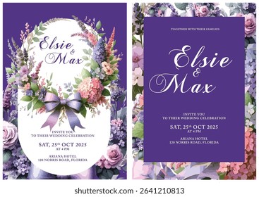 Two charming purple-themed floral wedding invitations. One features an oval frame adorned with various flowers and a ribbon. The other displays a rectangular frame with a denser background of purple