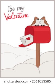 Two charming sparrows perch atop a red mailbox with an open door, revealing a love letter adorned with a heart. The romantic scene is ideal for Valentine's Day cards and love-themed designs.