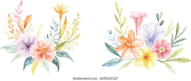 Two charming watercolor floral arrangements with a soft color palette of pink, orange, yellow, and purple, accented by lush green leaves, isolated on transparent background. - Powered by Shutterstock - Get 15% off with code: PIKWIZARD15