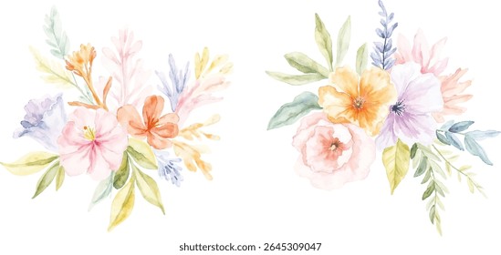Two charming watercolor floral arrangements showcasing a blend of soft pink, lavender, peach, and yellow flowers with delicate green leaves, all isolated on a transparent background.