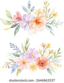Dois arranjos florais de aquarela encantadora com uma mistura de flores rosa macio, lavanda, pêssego e amarelo com folhas verdes delicadas e acentos azuis, tudo em um fundo transparente.