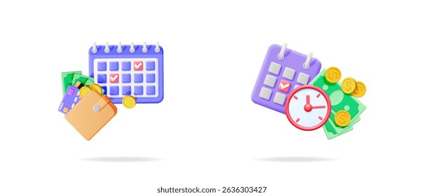 Dois gráficos indicando conceito de lembrete de pagamento efetivo com calendário e dinheiro com carteira. Planejamento financeiro e data de vencimento do pagamento.