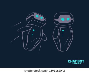 Two chat bot flying on black background. Virtual support and communication concept. Vector flat illustration.