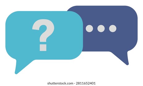 Two chat bubbles, one light blue with question mark and other dark blue with ellipsis. Communication and query symbol.
