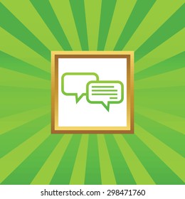 Two chat bubbles, one with text, in golden frame, on green abstract background