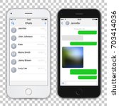 Two chat screens templates on realistic black and white smartphones. Contacts page mockup and text bubbles messeges, and sended media file. Vector editable illustration.