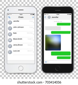 Two chat screens templates on realistic black and white smartphones. Contacts page mockup and text bubbles messeges, and sended media file. Vector editable illustration.