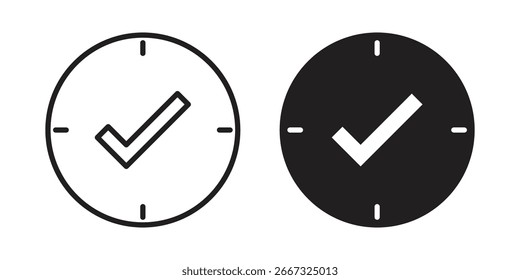 Zwei Häkchensymbole im Uhrendesign, ein Schwarz-Weiß-Symbol, einzeln auf Weiß.