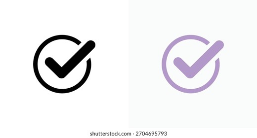 Dos símbolos de marca de verificación dentro de un círculo, representados en negro y púrpura, se destacan sobre un fondo blanco limpio. Ideal para representar la Aprobación o verificación.