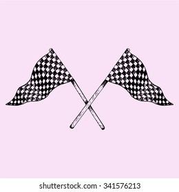 Two Checker Flags Crossed, doodle style, sketch illustration, hand drawn, vector