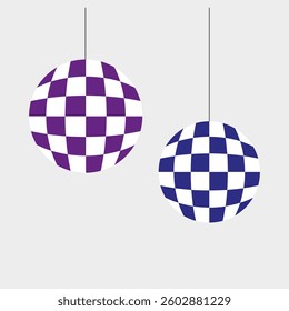 Two checkered disco balls hanging on strings, purple and blue colors, minimal retro party concept on light background