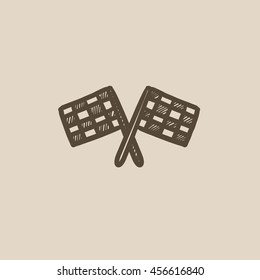 Two checkered flags vector sketch icon isolated on background. Hand drawn Two checkered flags icon. Two checkered flags sketch icon for infographic, website or app.