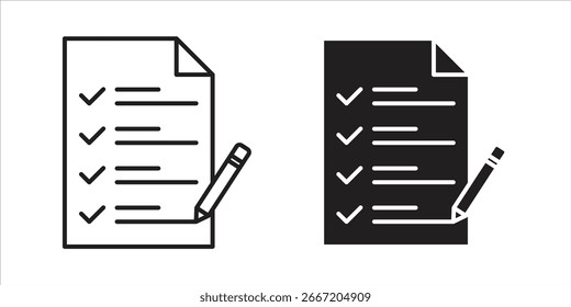 Dois ícones de lista de verificação, um preto, um branco, com lápis, isolado no fundo branco. Design simples e limpo.