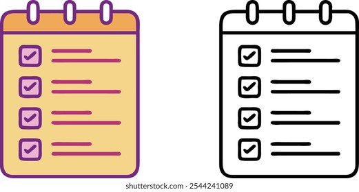 Two checklist icons, one filled with color and the other outlined. Both icons feature a notepad with checkboxes and lines for tasks.