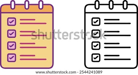 Two checklist icons, one filled with color and the other outlined. Both icons feature a notepad with checkboxes and lines for tasks.