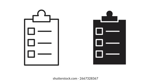 Dos iconos de lista de comprobación, una línea de arte y un sólido negro, aislado en blanco. Perfecto para listas de tareas pendientes, App y Sitios web.