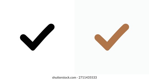 Dois ícones de marca de seleção, um preto e um marrom, isolados em um fundo branco. Simbolizar confirmação, aprovação ou tarefa concluída.
