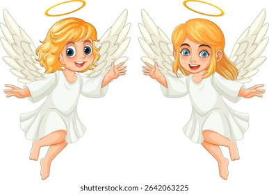 Two cheerful angels with golden halos and wings in a vibrant, cartoonish vector illustration. Bright colors and dynamic composition enhance the playful theme
