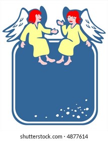 Two cheerful angels sit on a dark blue frame.