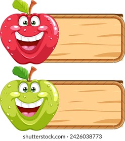 Two cheerful apples beside empty signboards.