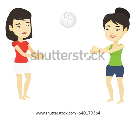Two cheerful asian friends having fun while playing beach volleyball. Young smiling sportswoman playing beach volleyball with his friend. Vector flat design illustration isolated on white background.