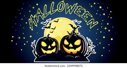 Two cheerful black pumpkins, against the background of the moon, and bats. Spooky halloween illustration.