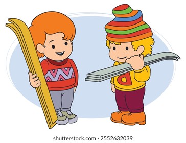 Two cheerful boys with skis. Funny people. Illustration concept template for website, web landing page, banner, presentation, social, poster, promotion or print media.