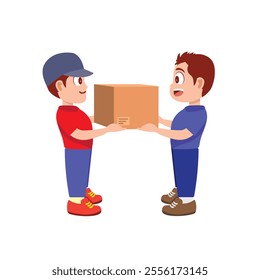 Two cheerful boys are standing and smiling at each other while holding a cardboard box together