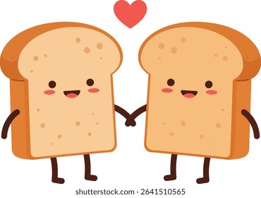 Two cheerful bread slices hold hands with a red heart floating above, expressing affection and friendship in a charming and playful vector style. Cheerful mood.