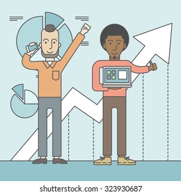 Two cheerful businessmen with arms up enjoying their success shown in the graph at their back. Successful business concept. Vector line design illustration. Square layout.
