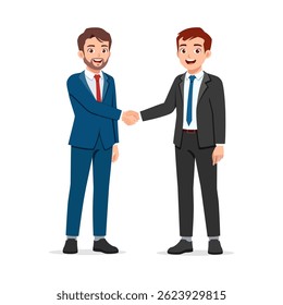 Two cheerful businessmen in suits shaking hands standing isolated on white background in cooperation deal