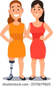 Two cheerful businesswomen standing side by side, one proudly displaying a prosthetic leg, conveying a message of empowerment, inclusion, and overcoming challenges in the workplace