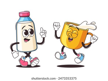 Two Cheerful Cartoon Characters, A Milk Bottle And A Cup, Enjoying A Dance. Lively Cartoon Vector Colorful Illustration