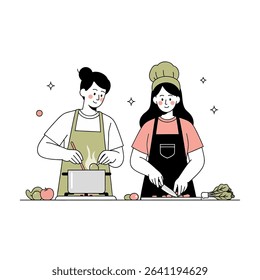 Two cheerful cartoon chefs in aprons are depicted in a kitchen setting, one stirring a pot and the other chopping vegetables.