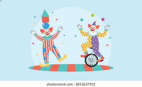 Two cheerful cartoon clowns performing in a circus with one balancing shapes on his head and the other riding a unicycle.