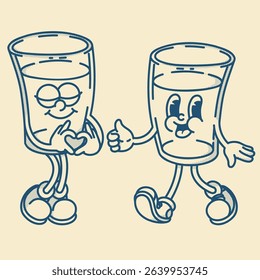 Two cheerful cartoon glass of water or other drink mascot in shoes smiling. Bar menu, healthy life symbol. Finger up
