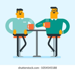 Two cheerful caucasian white friends drinking hot drinks. Young happy smiling friends having fun together and drinking tea or coffee in a cafe. Vector cartoon illustration. Square layout.