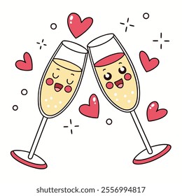 Two cheerful champagne glasses clinking with hearts around them.