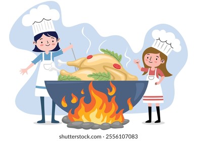 Two cheerful chefs cooking roasted chicken over an open flame with fresh vegetables, vector illustration.