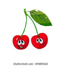 Two cheerful cherries on a branch, cartoon on a white background.vector