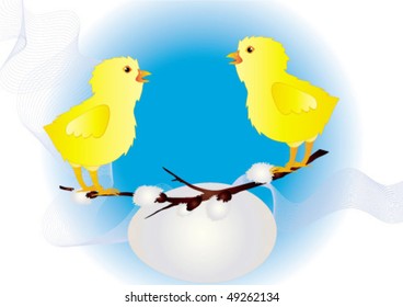 Two cheerful chickens a branch of a willow and egg
