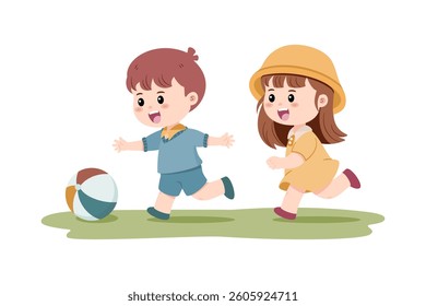 Two cheerful children, a boy and a girl, are playing with a colorful ball. Symbolizing the essence of childhood fun and outdoor activities.