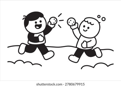 Two cheerful children are depicted mid-action, joyfully throwing snowballs at each other. This simple, charming artwork captures the fun of winter play and childhood innocence.