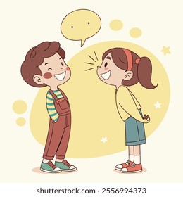 Two cheerful children engaging in conversation with playful expressions.