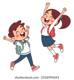 Two cheerful children jumping with excitement, celebrating joyfully.