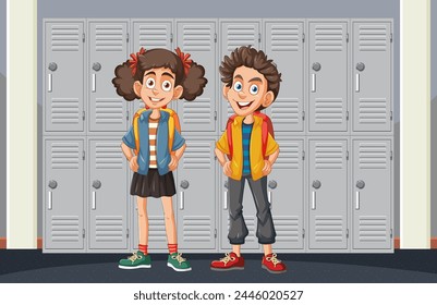 Dos alegres niños de pie en el pasillo de la escuela