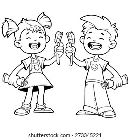Two cheerful children with toothbrushes. Outline on a white background
