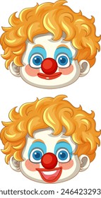 Two cheerful clown faces with red noses
